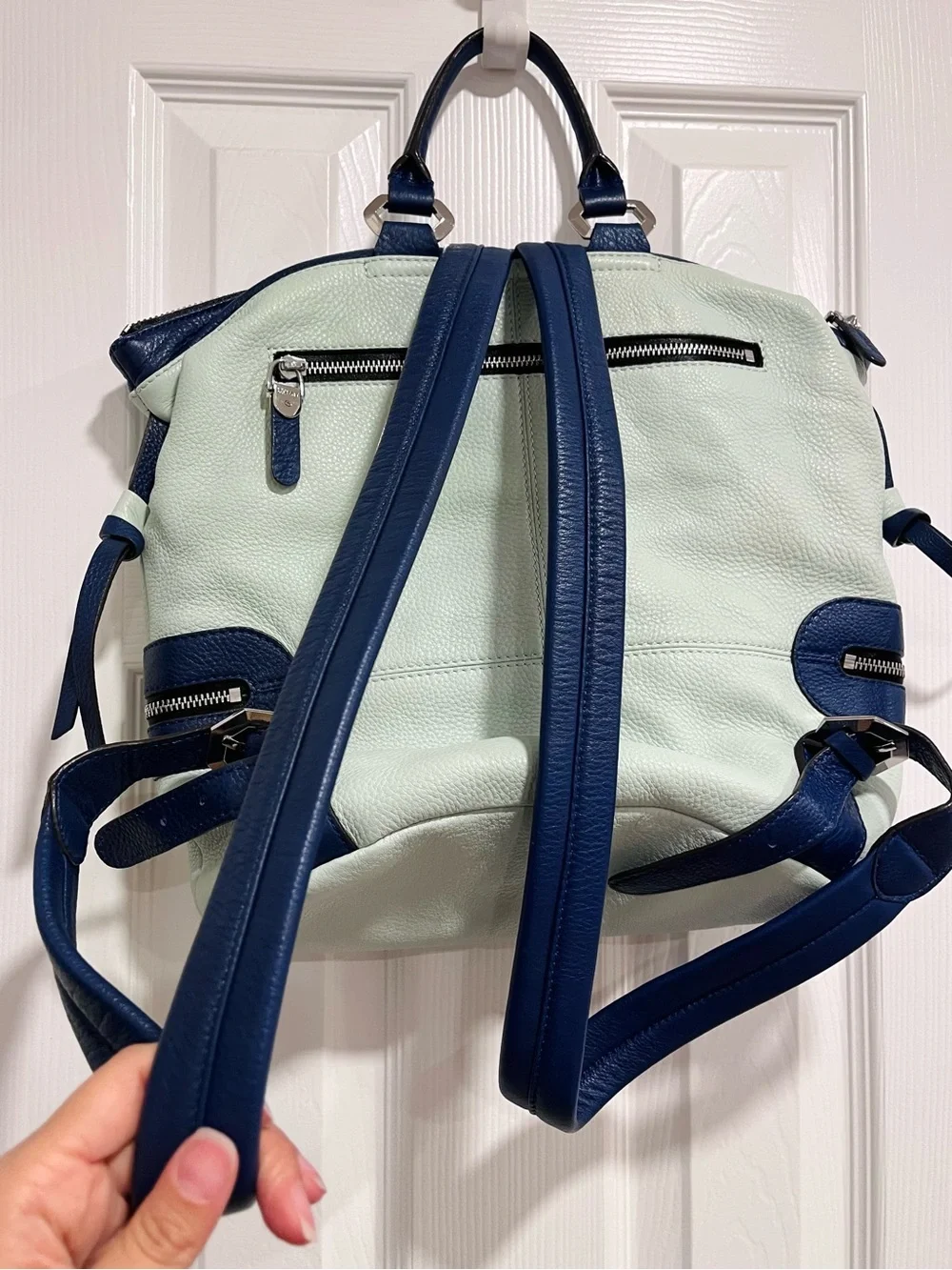 Oryany Mint and Navy Leather Backpack